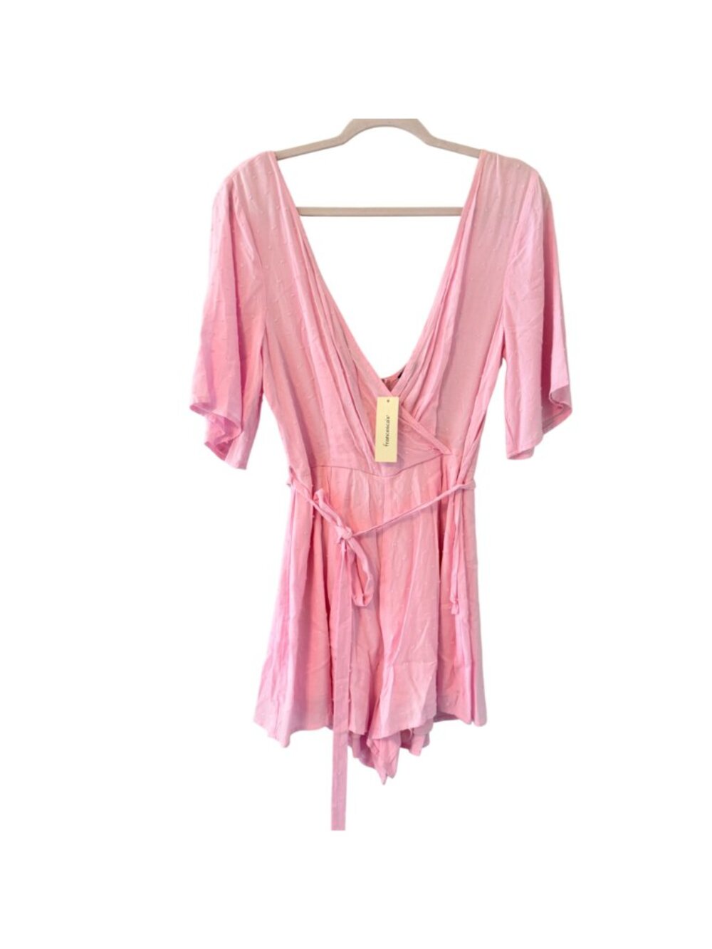 Trixxi Womens Pink Surplice Romper With Waist Tie Sz Medium Short Sleeves. NWT - Picture 7 of 12